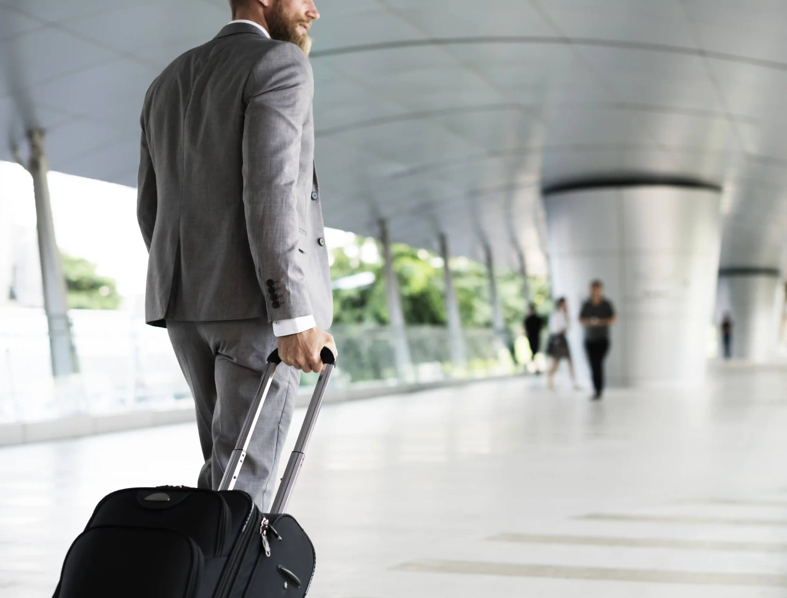 In the picture, a man in an elegant suit carrying a trolley. In the background, we can see other people walking.